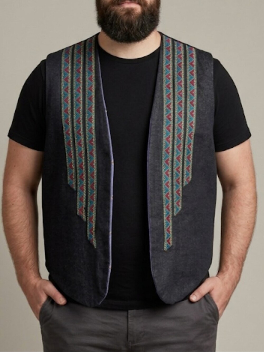 Men's Black Embroidered Vest with Purple Lining